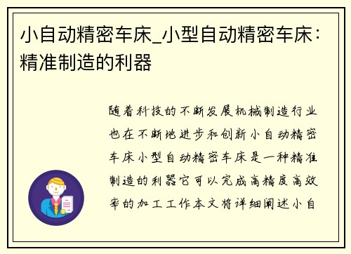 小自动精密车床_小型自动精密车床：精准制造的利器